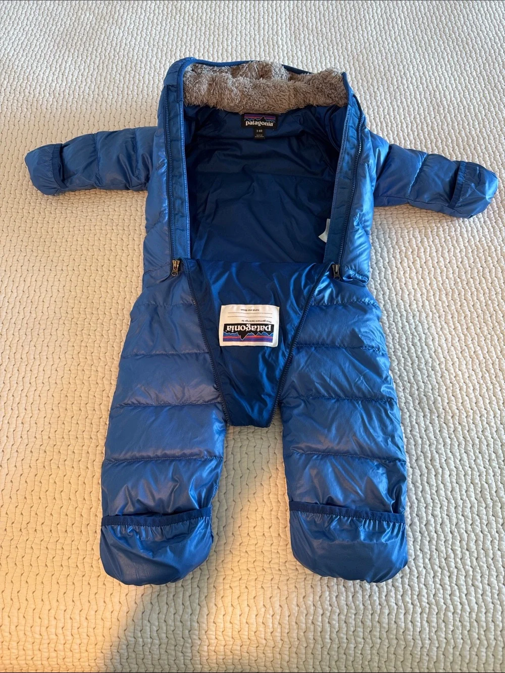 Patagonia Kids Royal Blue Down One-Piece Bunting with Fleece Hood